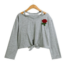 Fashion Blue Sweatshirt Womens Long Sleeve Rose Print Causal Bow Tie Cotton Short Tops Autumn New women sweatshirts